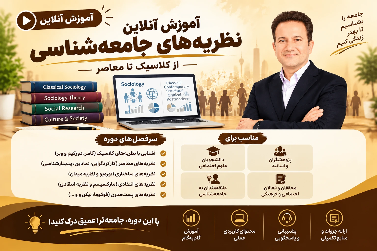 آموزش جامع نظریه‌های جامعه‌شناسی از کلاسیک تا معاصر با تدریس دکتر فرشاد نجفی اسداللهی. بررسی کاربردی مکاتب و نظریات در تحلیل مسائل اجتماعی ایران و جهان